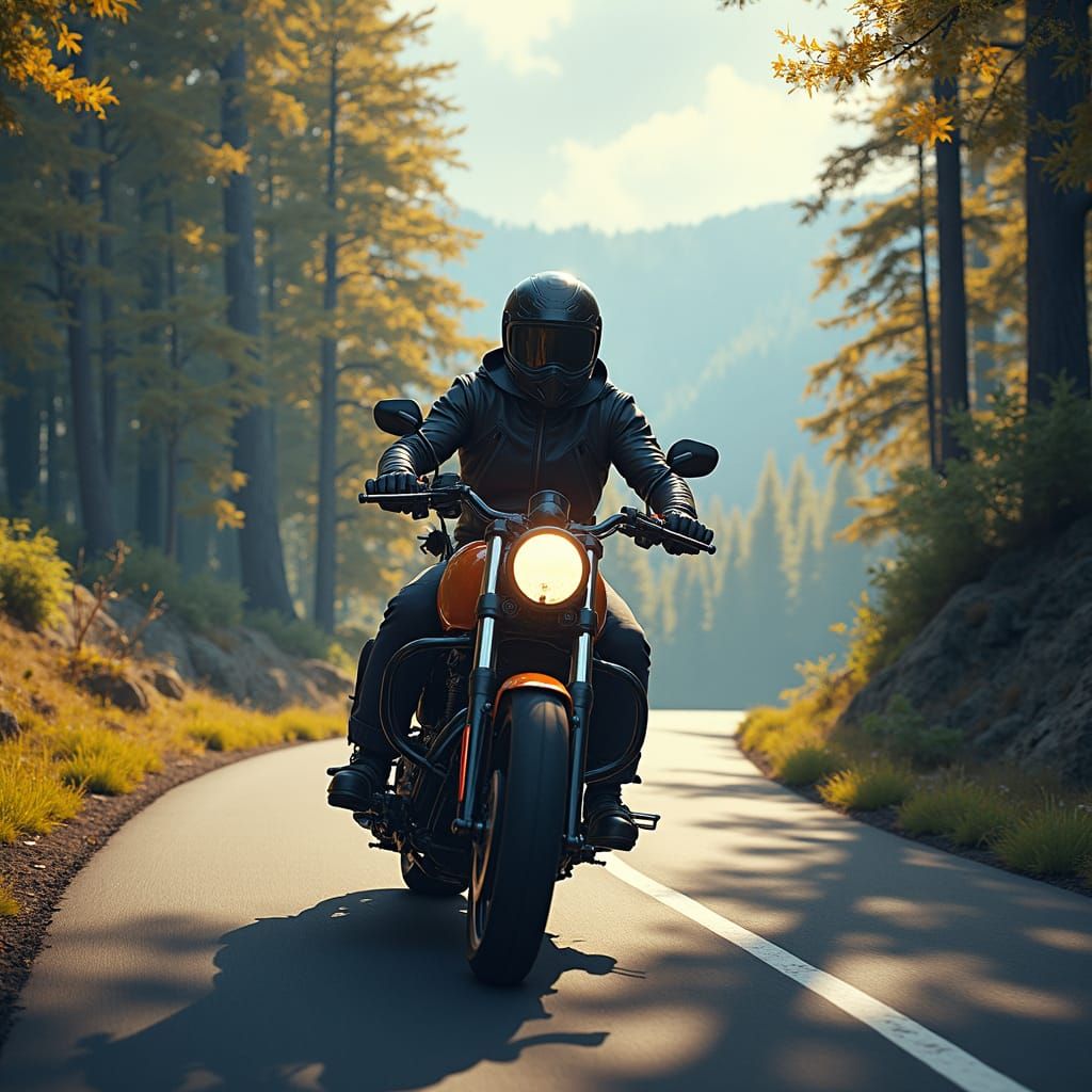 Motorcyclist Rides Through Forest: Matte Painting Style