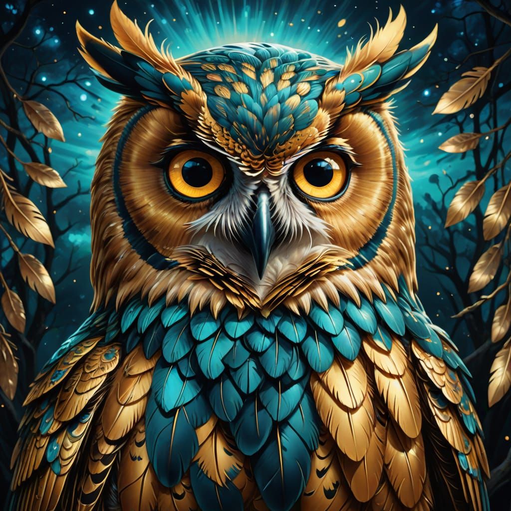 Golden Owl Shines with Turquoise Feathers in Vibrant Oil Pai...