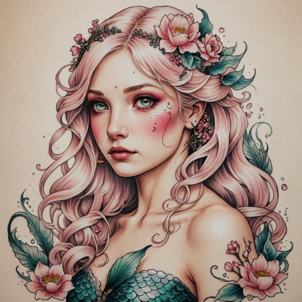 Traditional Spring Mermaid Tattoo Design