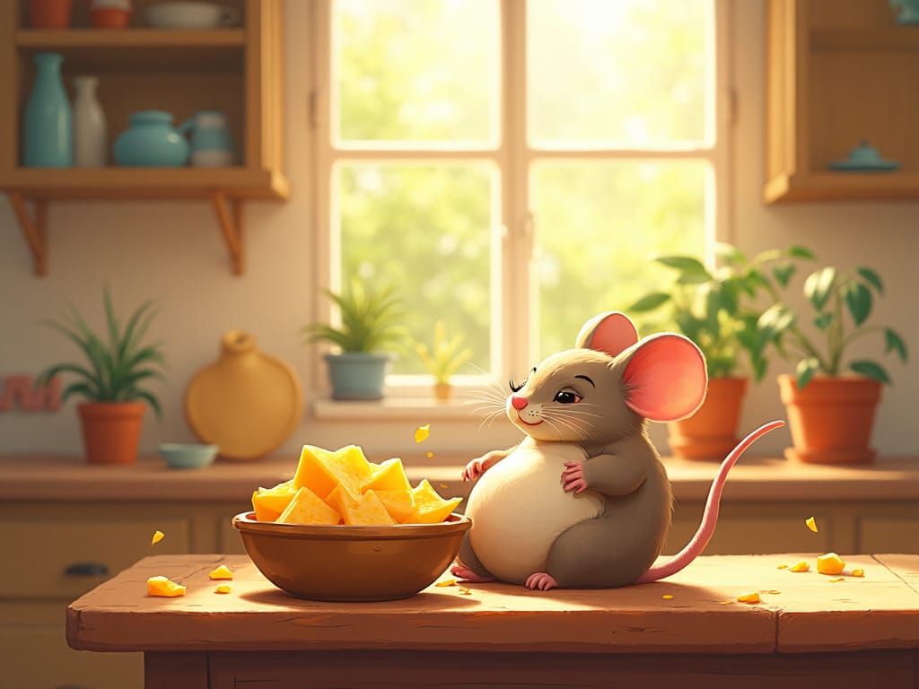 Mouse with Cheese in Sunny Kitchen Scene
