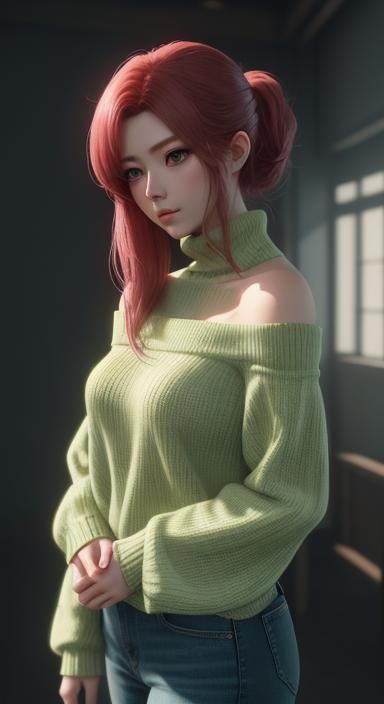 Anime Girl in Red Sweater, Genshin Impact Style