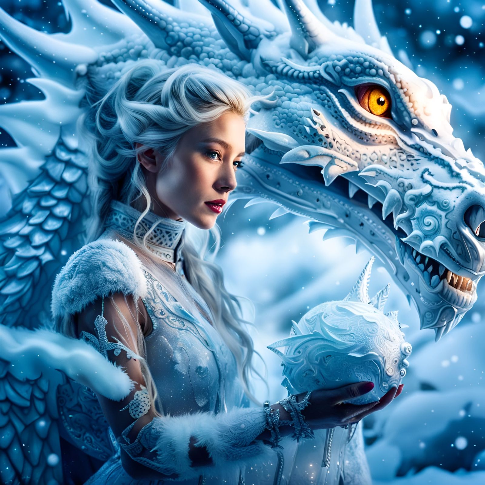 Snow Dragon Enchantress: A Surreal Winter Portrait