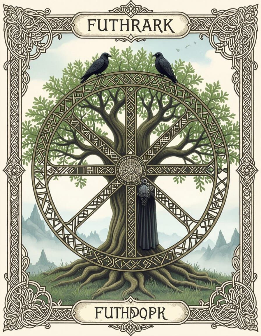 Odin, Huginn and Muninn at Yggdrasill