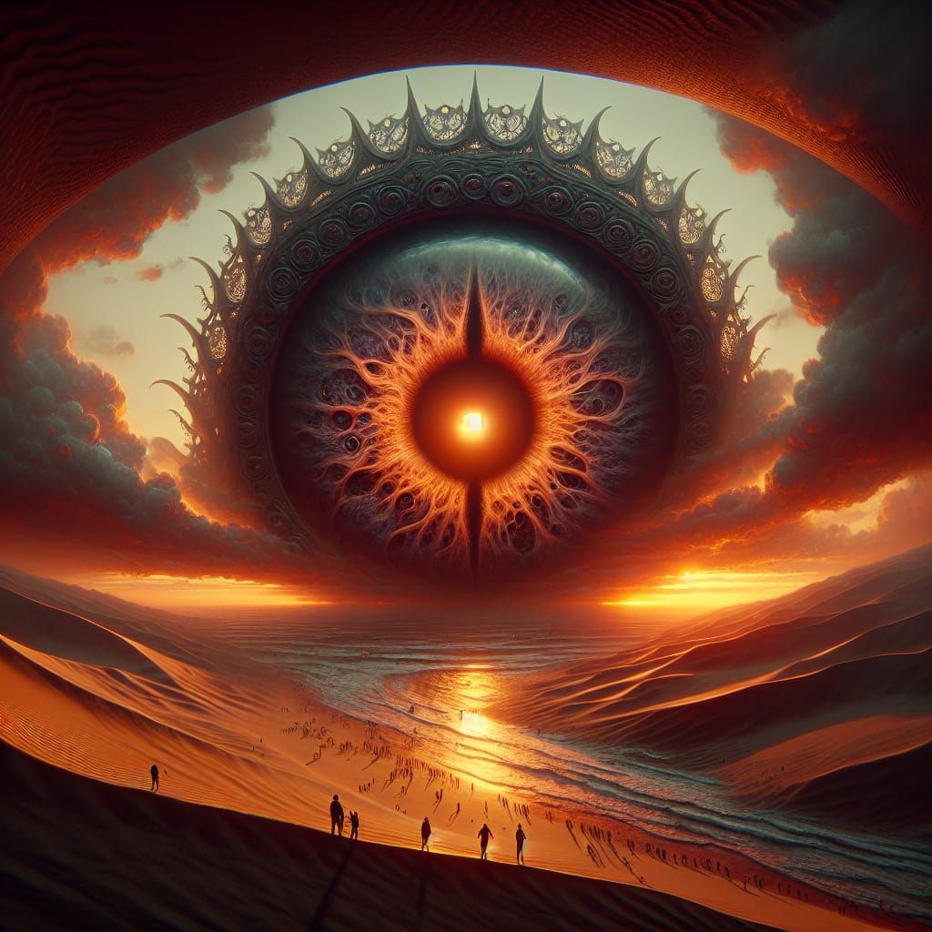 Gigantic Eye Emerges from Sand Dune, Gazing Out at Sunset Be...