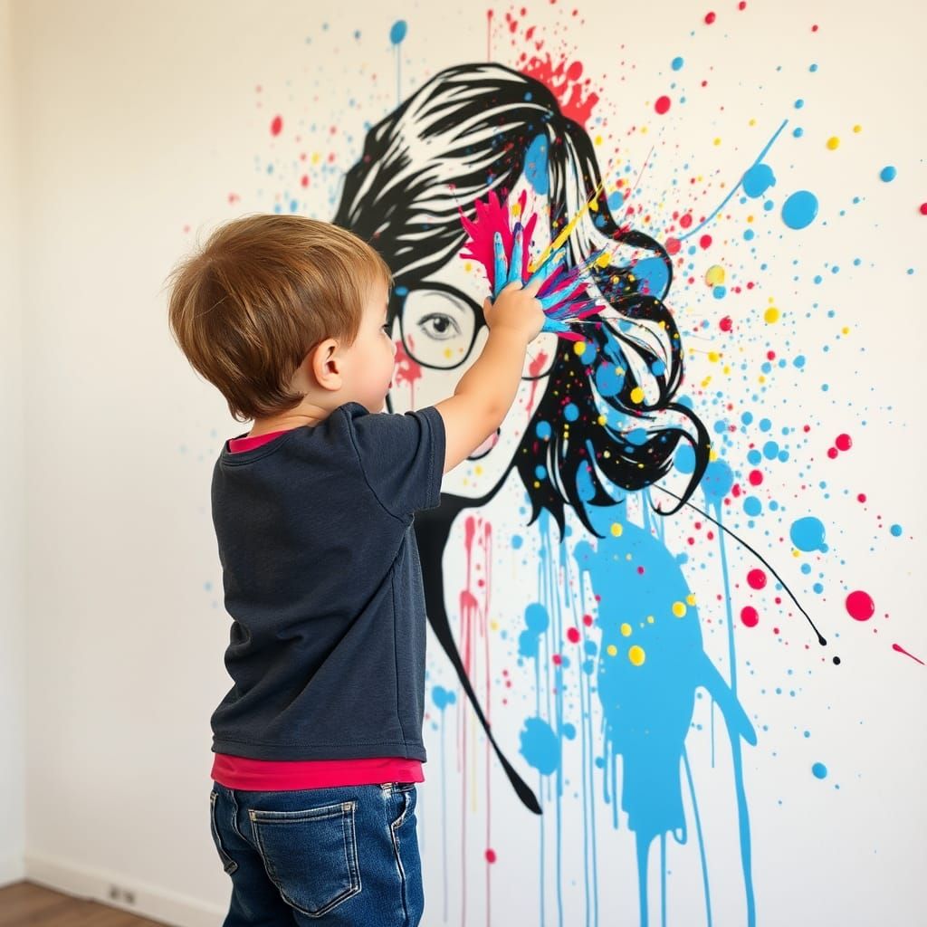 Child Creates Splatter Art Mural of Mother