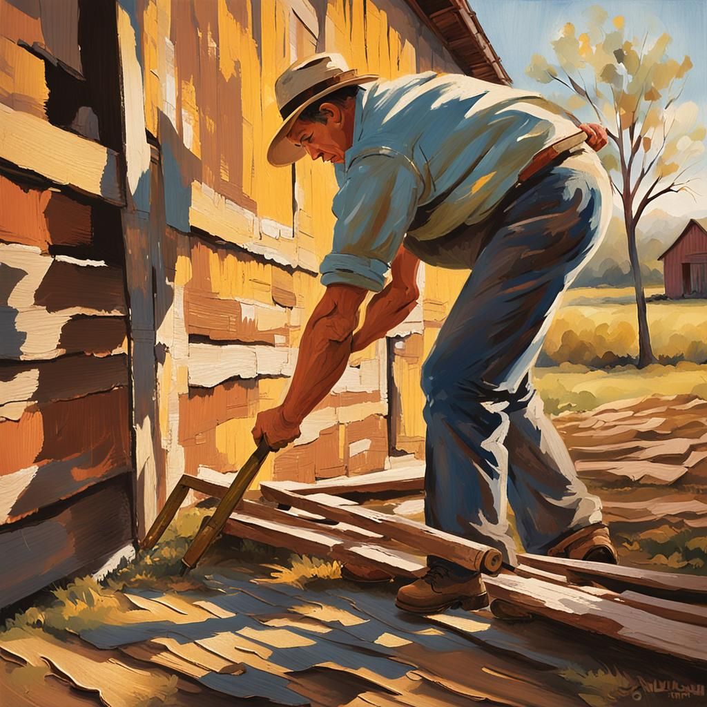 Rustic Impressionism: Farmer Disassembling Weathered Barn