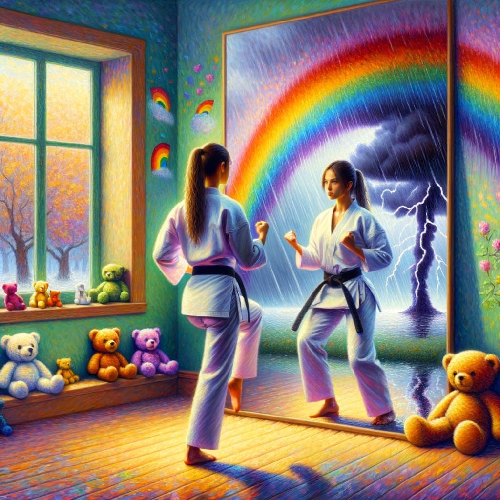 Hispanic Woman Practices Karate With Surreal Storm Reflectio...