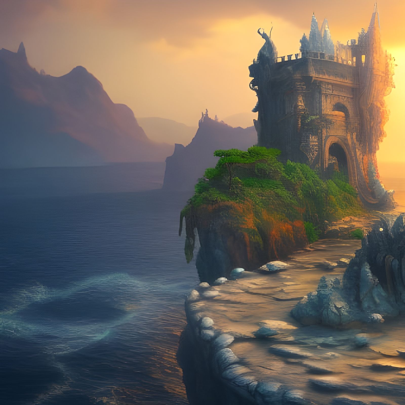 Fantastical Ivory Castle on Rocks, Detailed Matte Painting