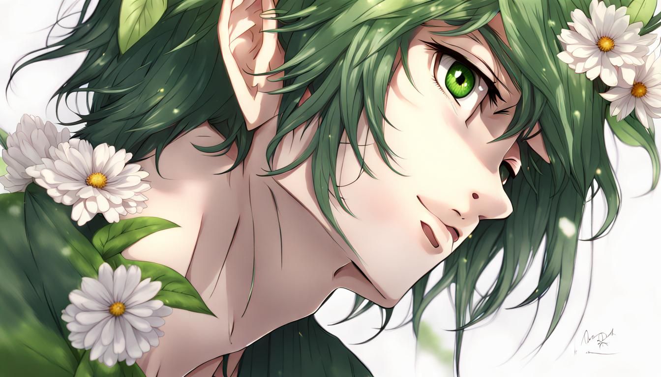 Anime Boy with Flower: Semi-Realistic Digital Art