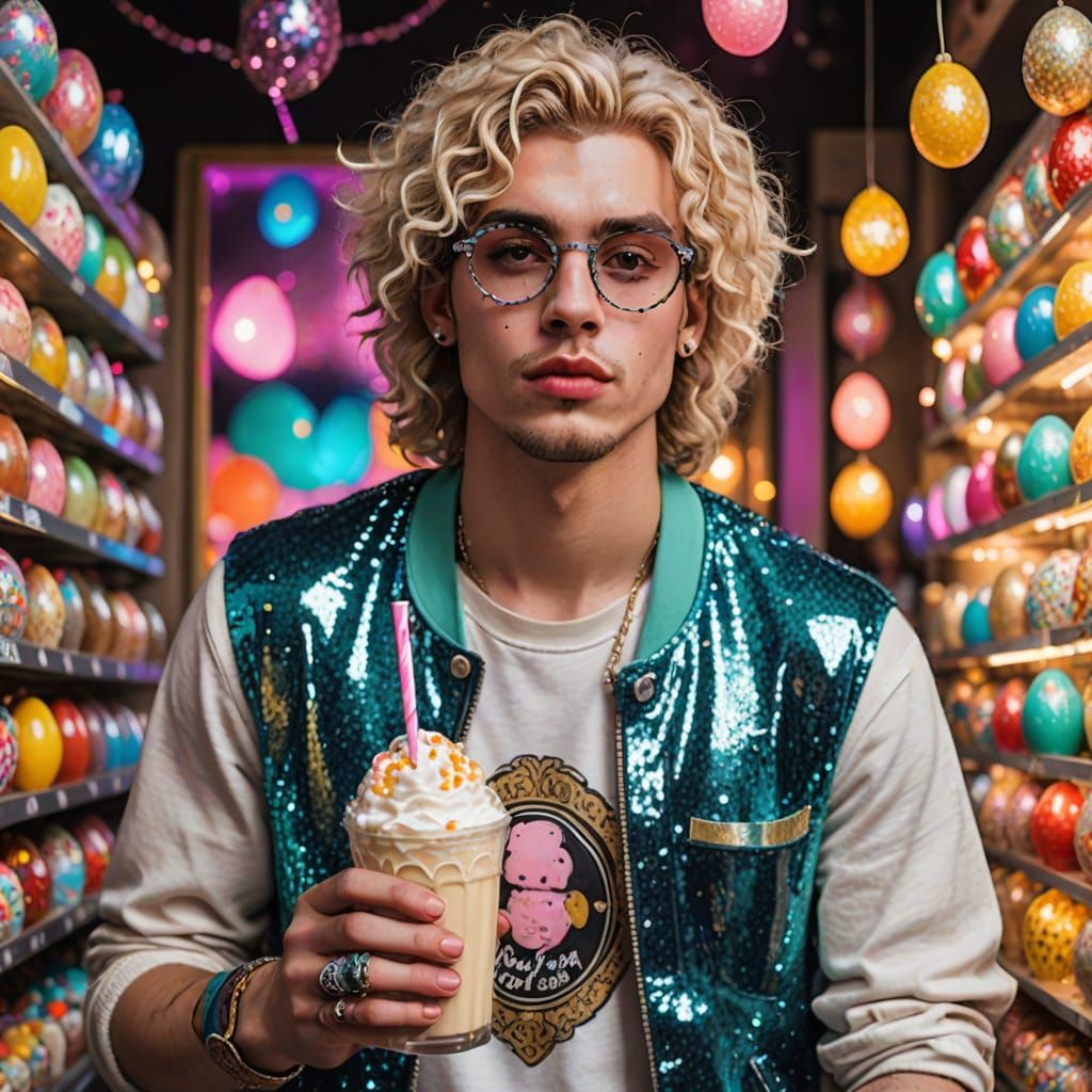 Grunge Guy with Easter Eggs and Glitter in Aesthetic Backgro...