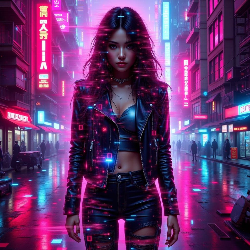 Videogame female protagonist standing in a neon-lit cityscap...