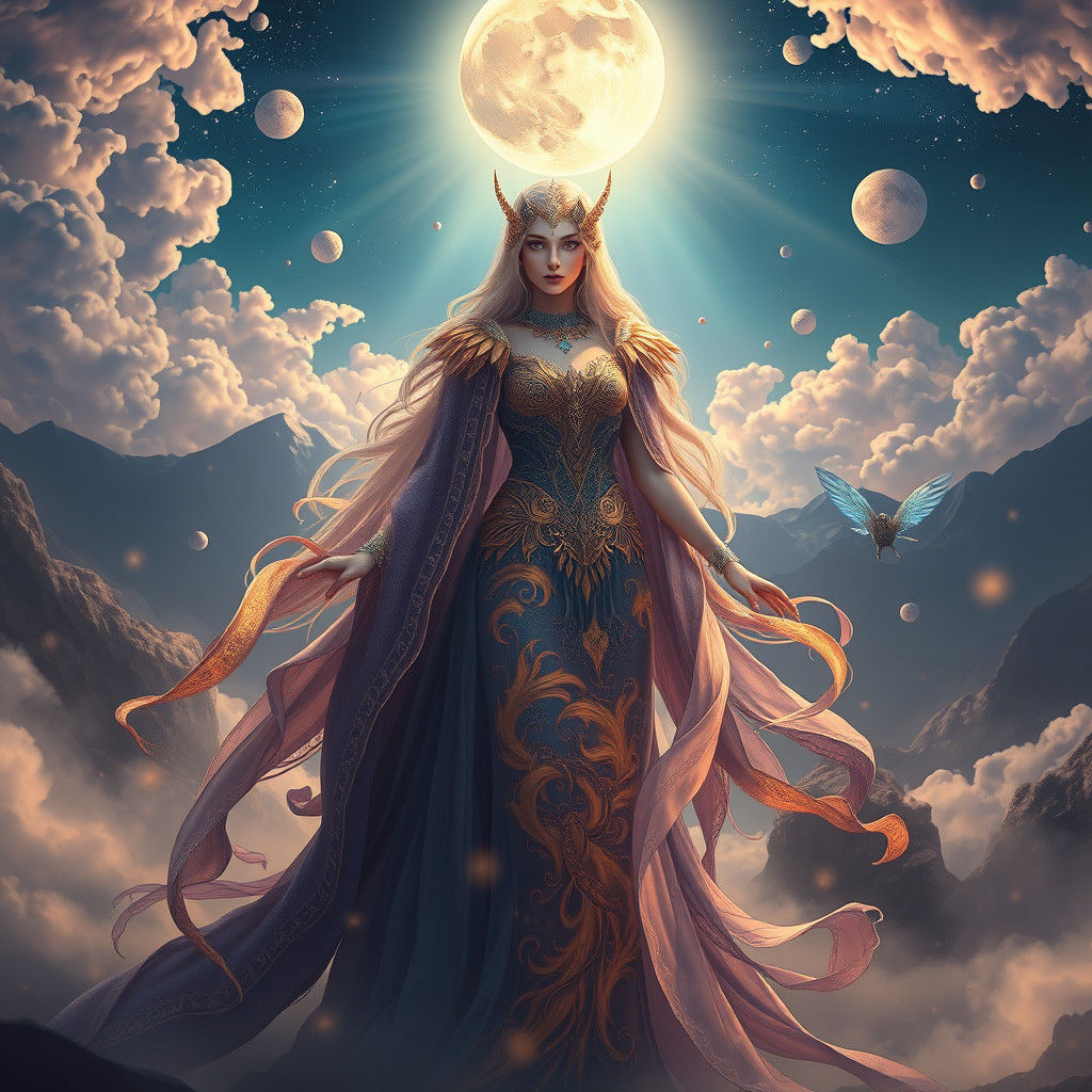 Mystical Moon Goddess in Whimsical Dreamscape
