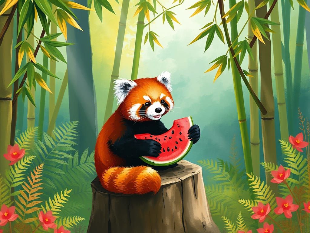 a red panda eating a watermelon
