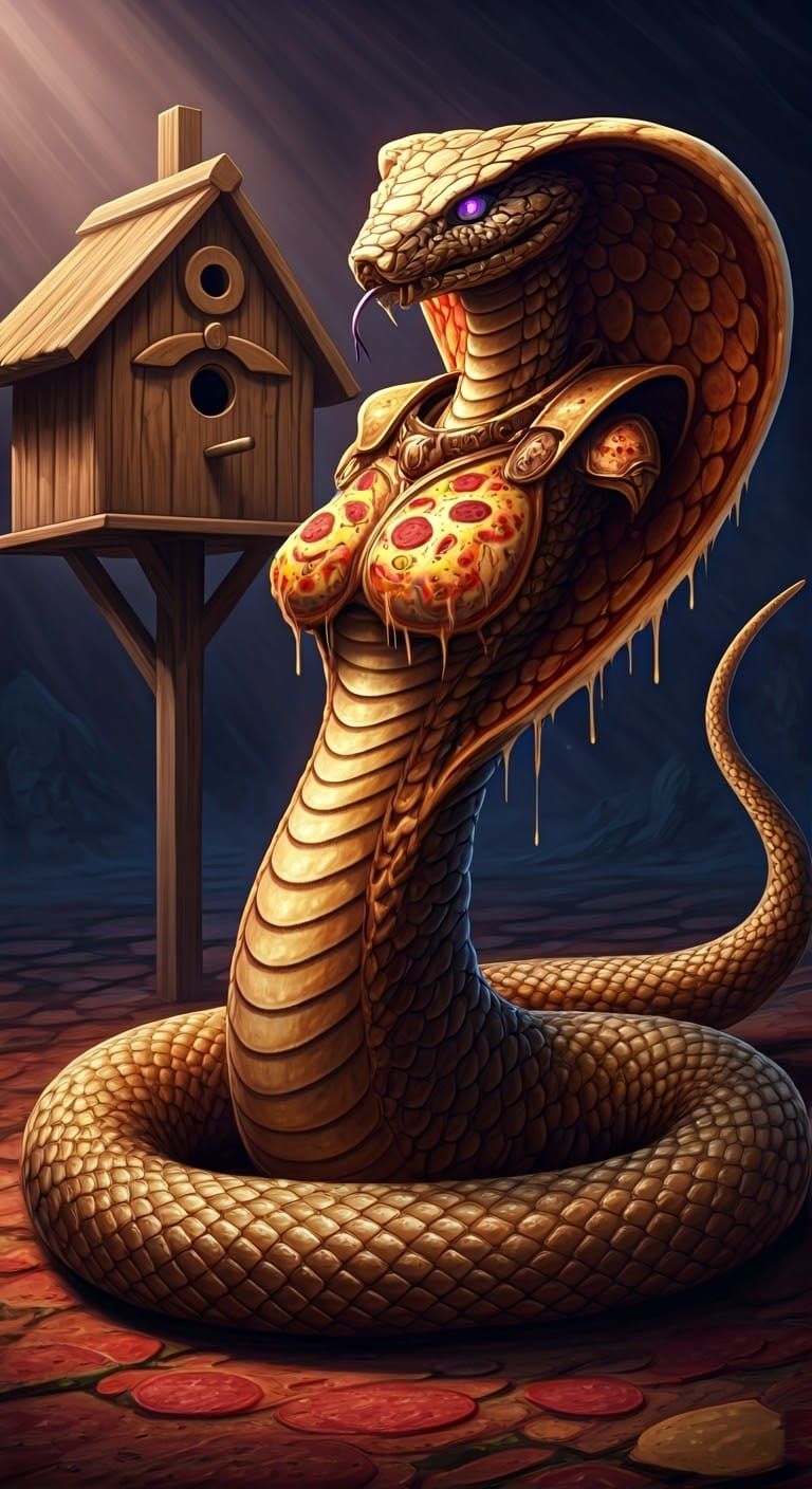 Cobra Woman in Pizza Armor, Surreal Landscape