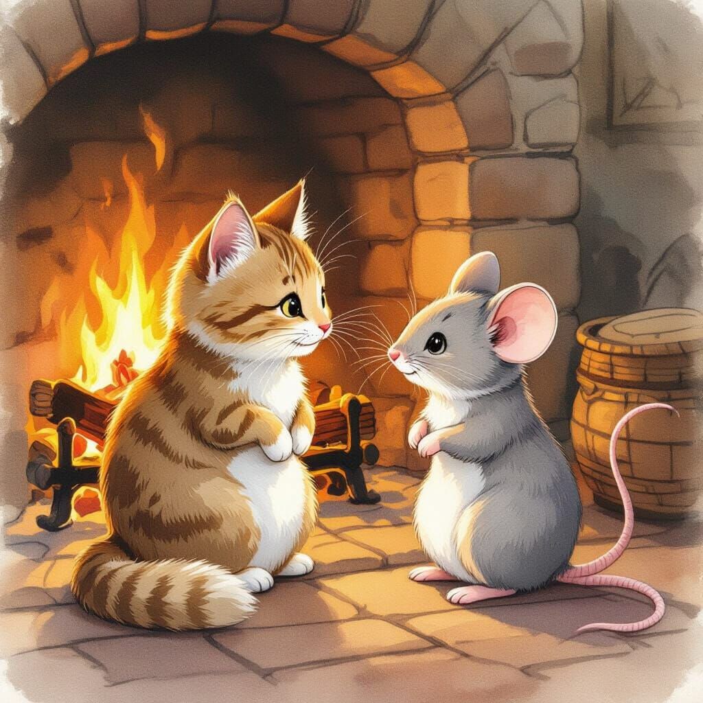 Whimsical Cat and Mouse Storybook Scene by Fireplace