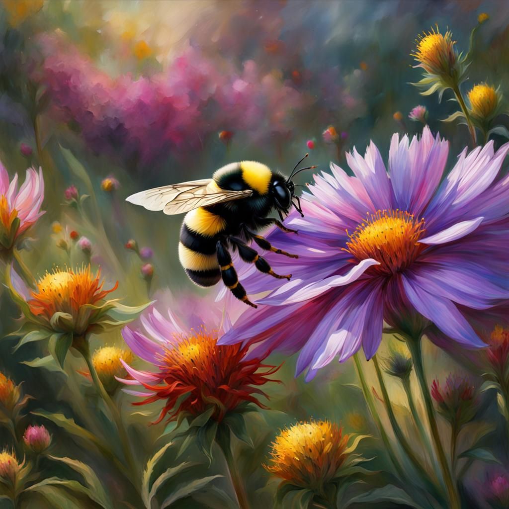 Bumble Bee Pollinating Flower in Impressionist Style
