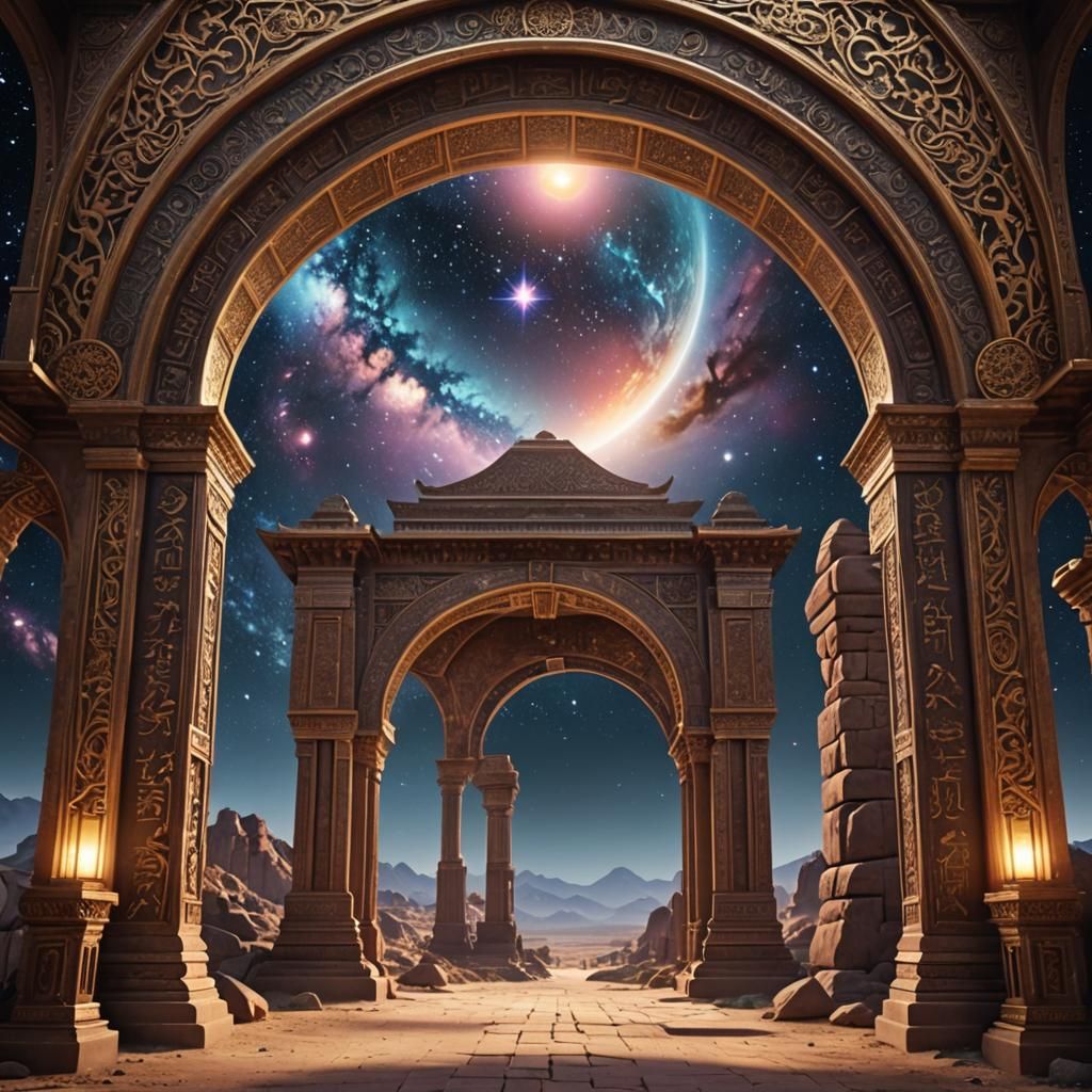 Majestic Eastern Arch with Galaxy Motifs in 8K