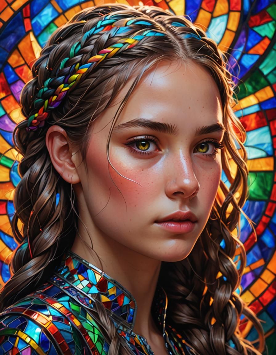 Majestic Girl Portrait with Stained Glass Background