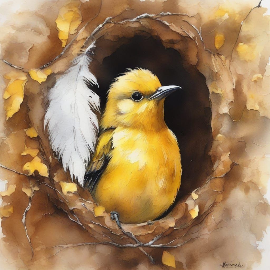 Vibrant Yellow Bird in Whimsical Floral Haven