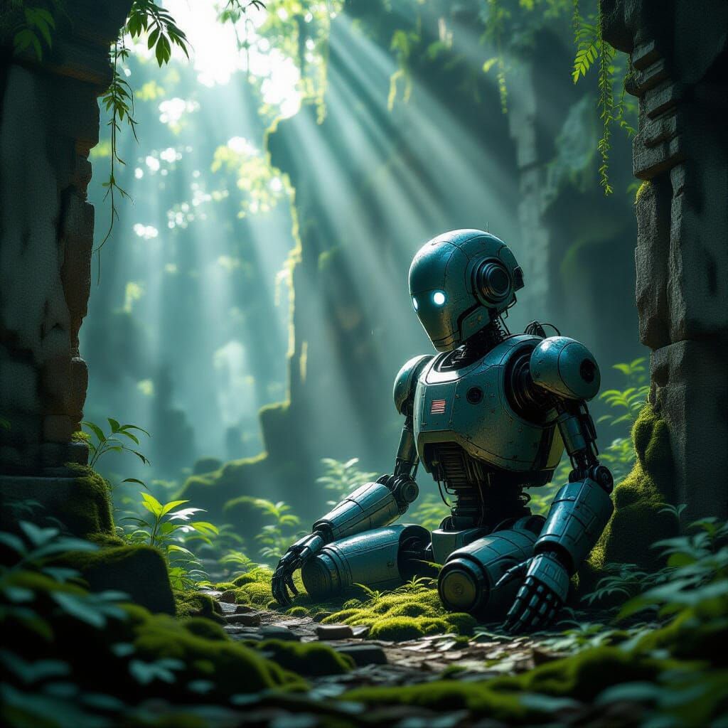 Ancient Robot in Overgrown City Ruins