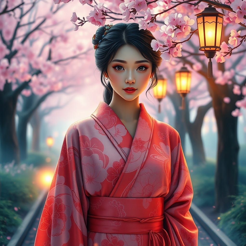 Dreamy Tenebrism Fantasy Art with Serene Cherry Blossom Scen...
