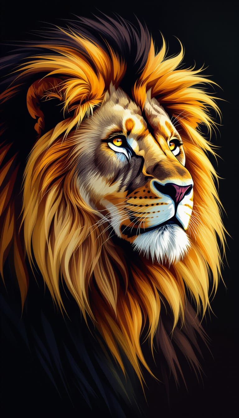Regal Lion Portrait with Golden Mane, Matte Painting Style