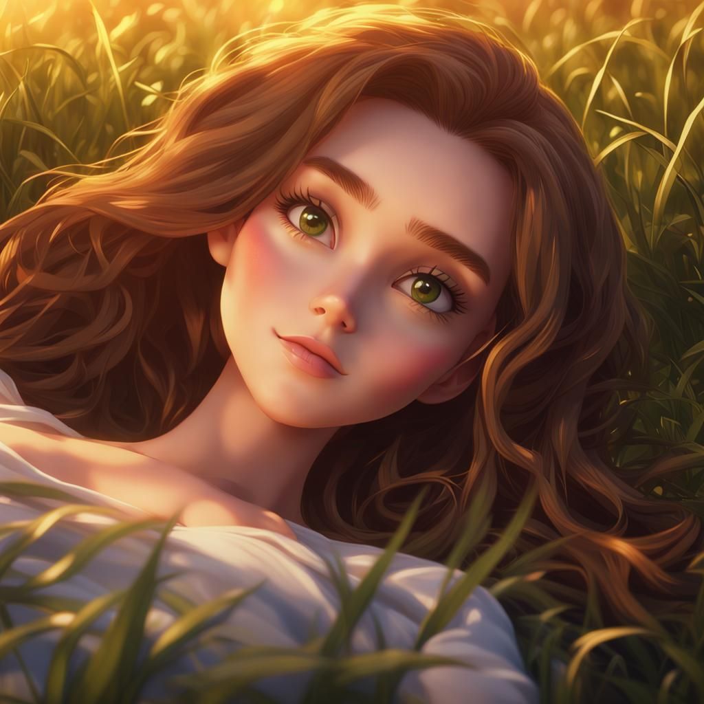 Elegant Anime Girl in Grassy Sunset Key Visual