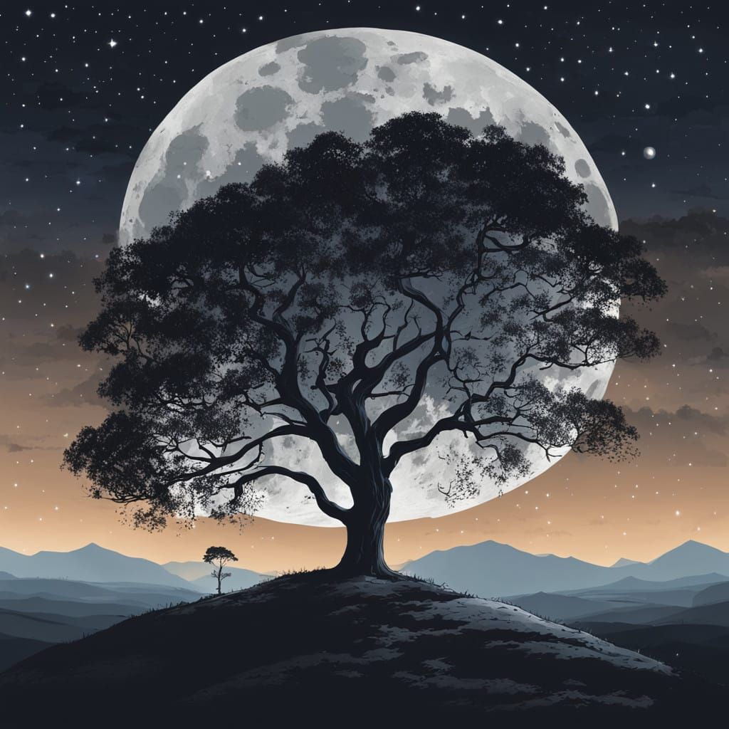 A dark night with faint stars showing between many clouds, a full moon illuminating a single tree on a hill