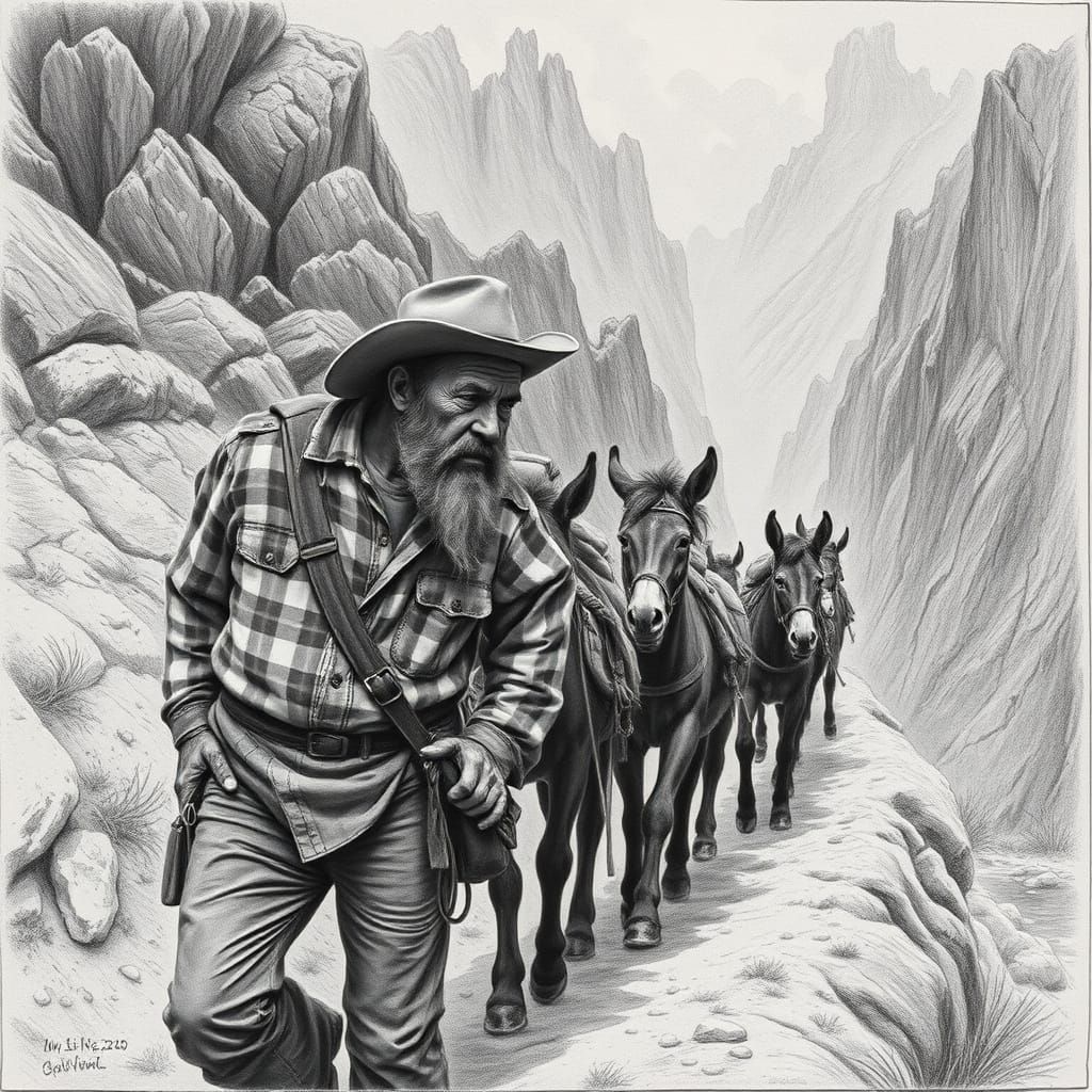 Exhausted Miner Leads Mules up Canyon Trail