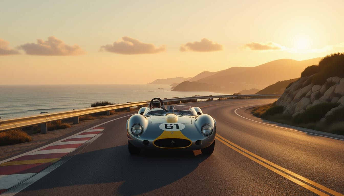 Vintage Sports Car on Coastal Highway at Golden Hour