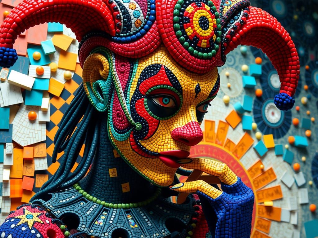 Surreal Jester in Vibrant Mosaic Style
