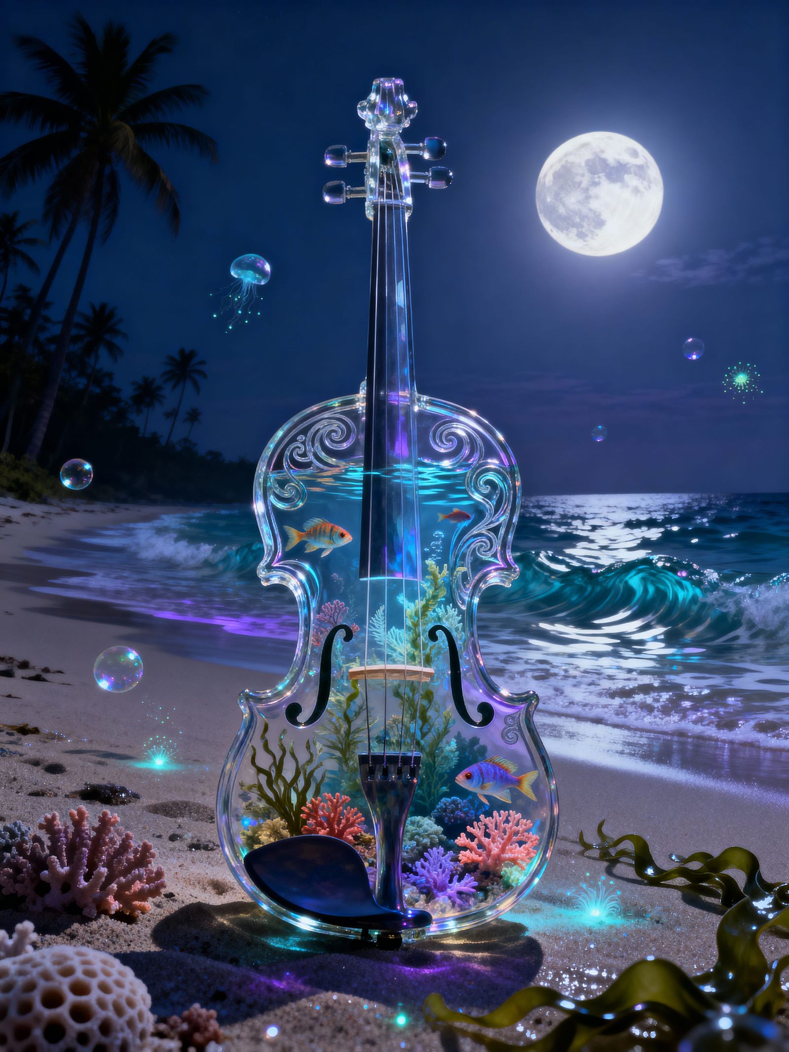 Surreal Water Violin with Tropical Ecosystem on Moonlit Beac...