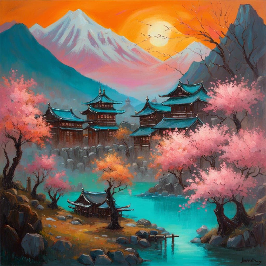 Gothic Japanese Village with Cherry Blossoms at Sunset