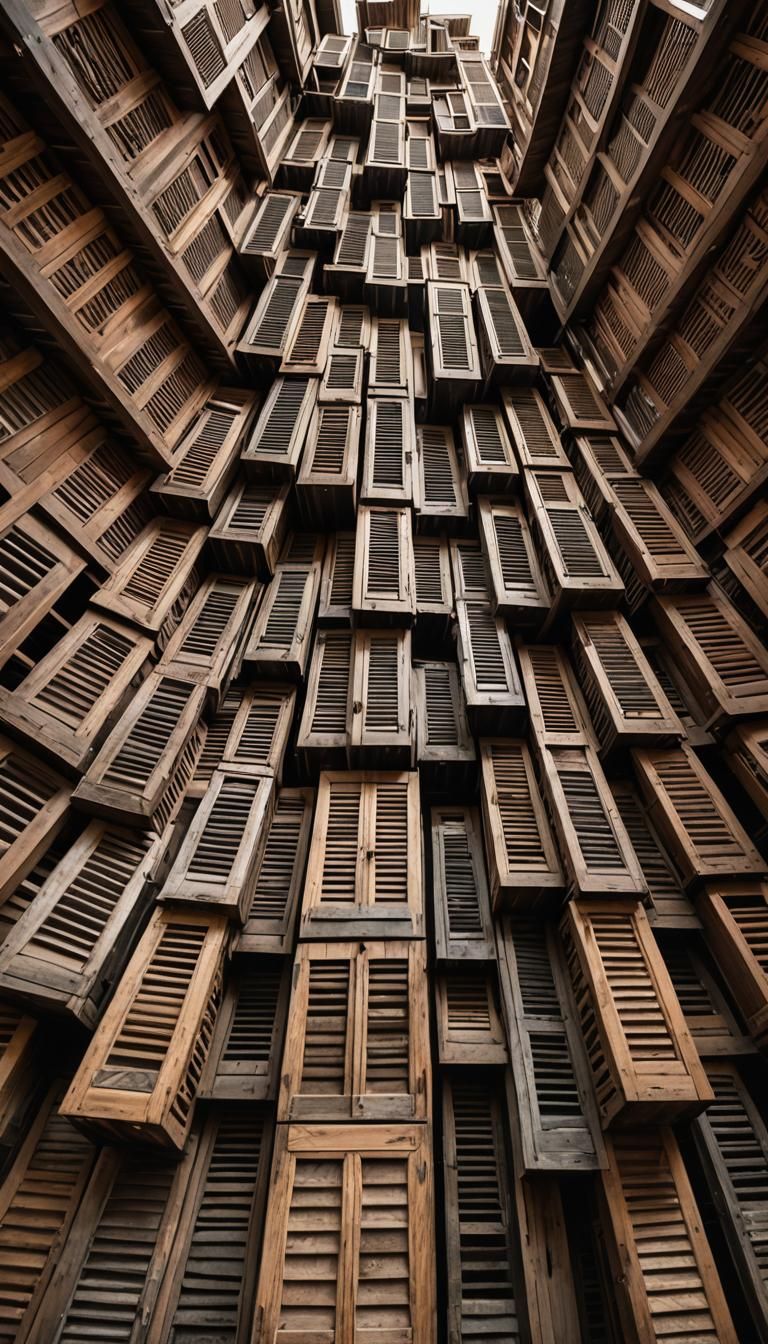 Wooden Tower of Louver Doors in Ultra-Wide Angle