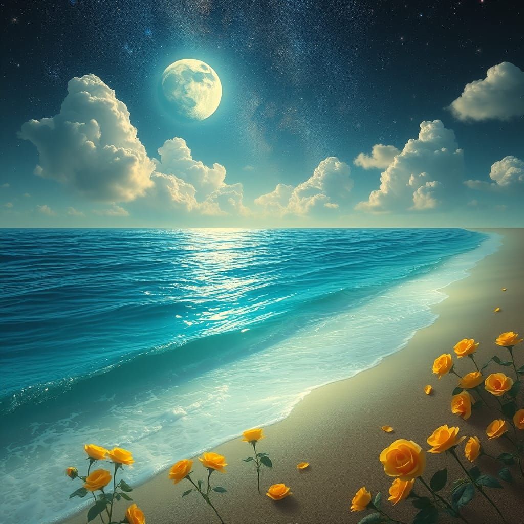 Glowing Ocean with Roses Under Galaxy Sky