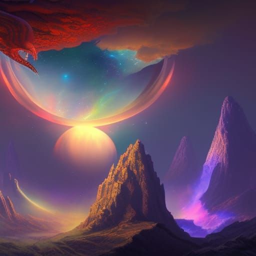 Opal Dragon Soaring Through Moonbow to Star Cluster