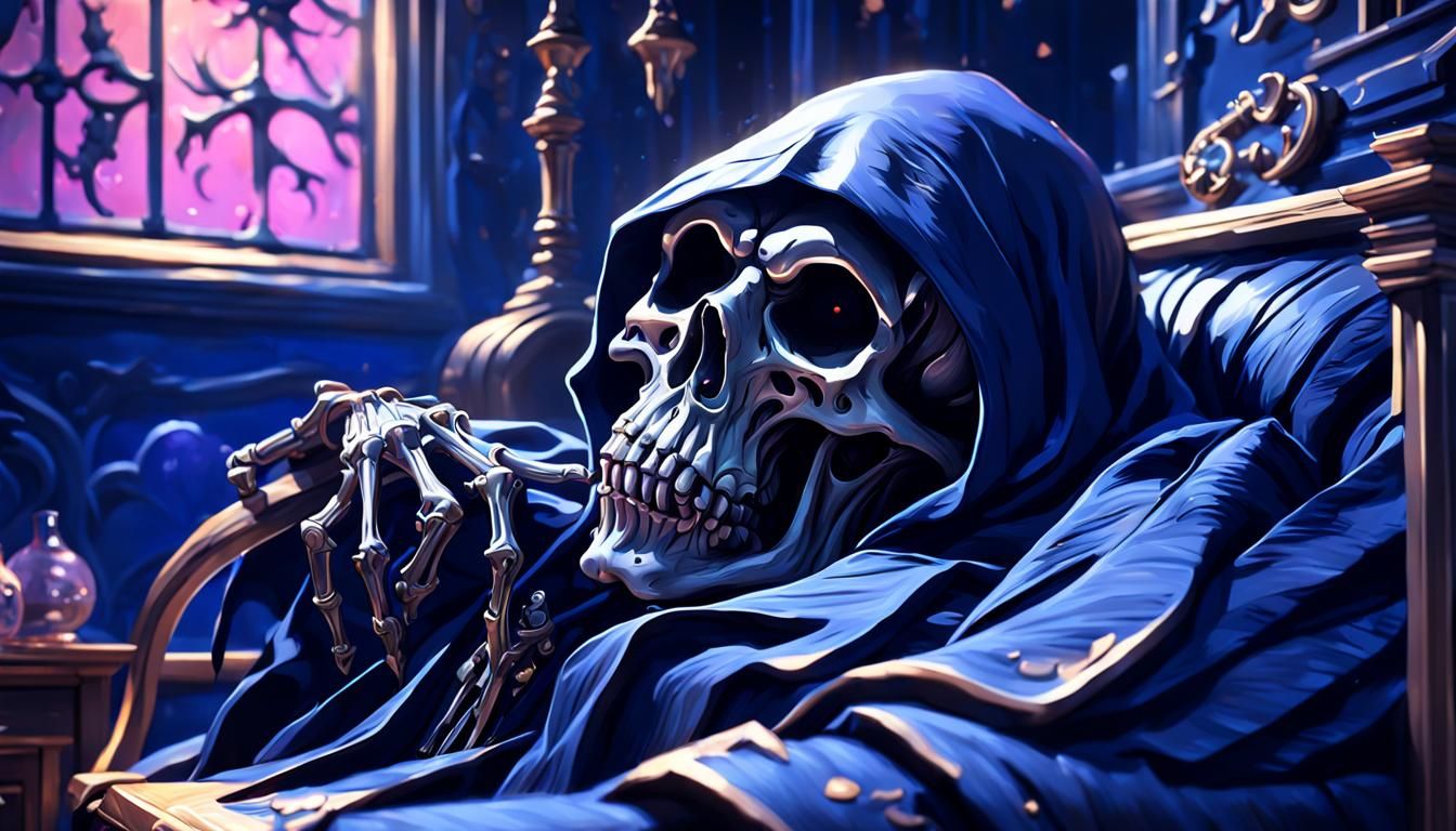 Grim Reaper Asleep in Cozy Room: Dark Fantasy Concept Art