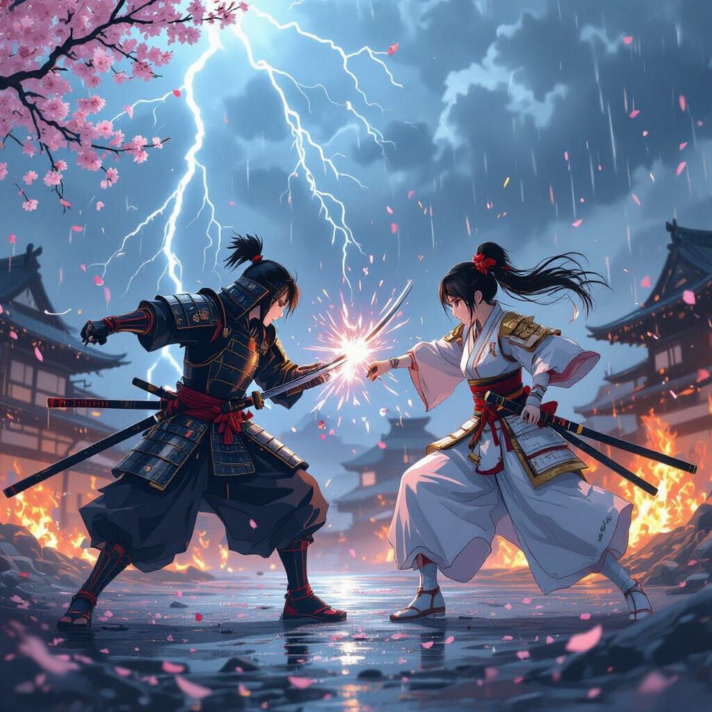 Samurai Duel Under a Stormy Sky in Digital Painting Style