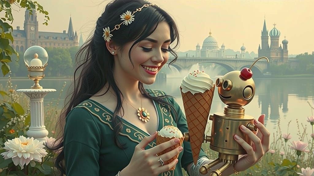 Brass Robot Offers Ice Cream to Fairy Woman in Cinematic Fil...