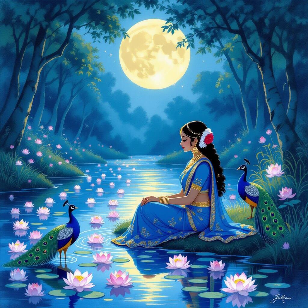 Mata Radha in Moonlit Vrindavan Forest, Ghibli Style