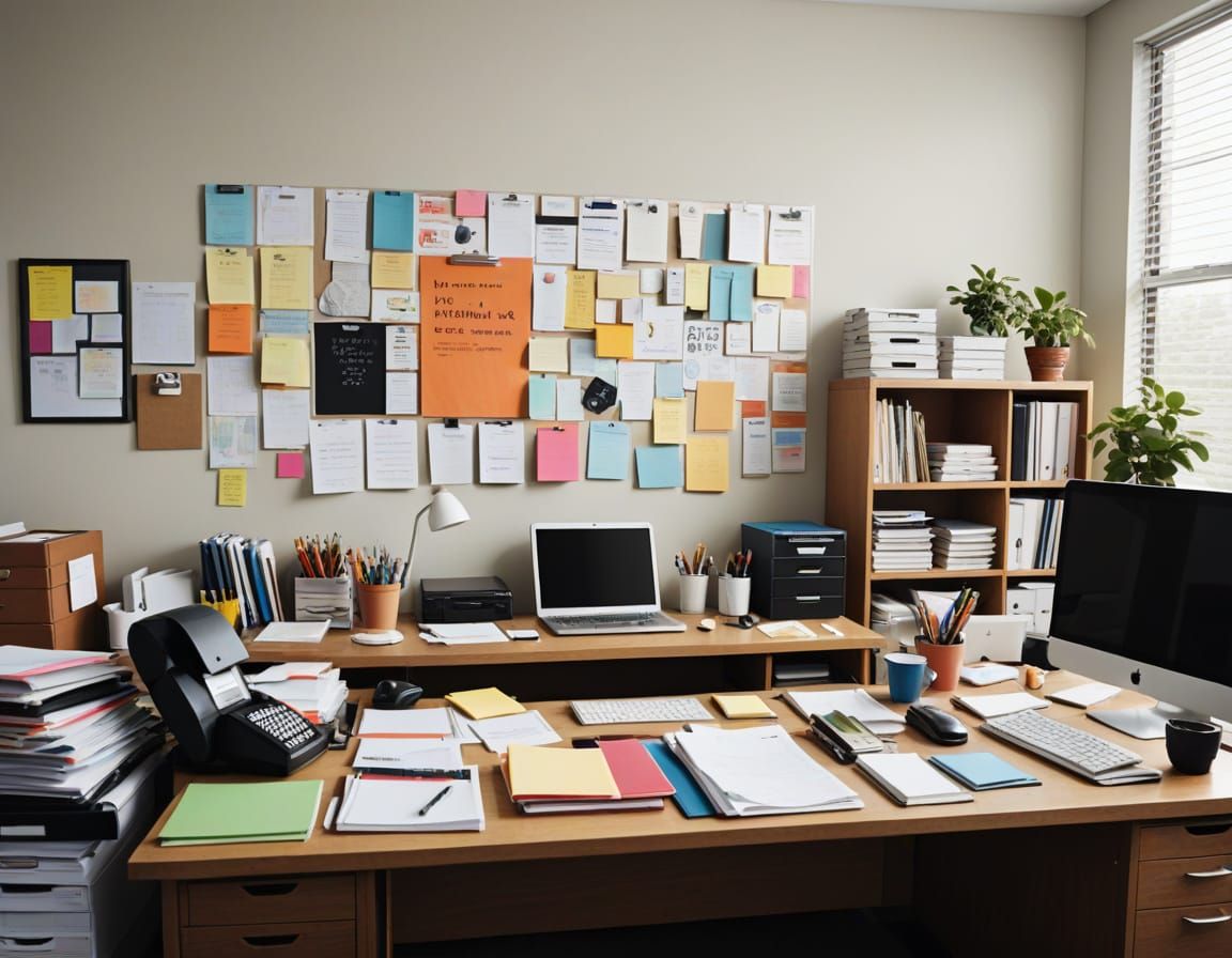 Giant Desk Cluttered with Talking Office Supplies