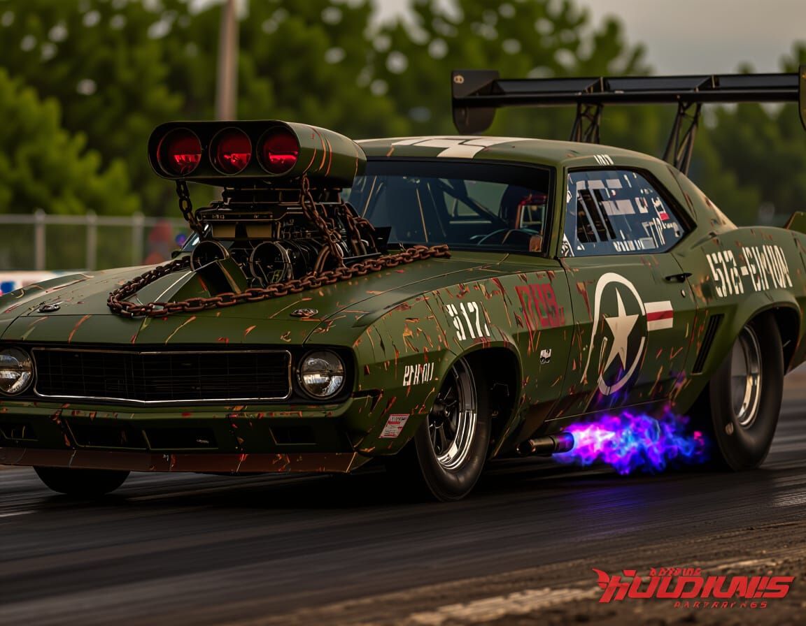 Military Dragster Speeds Down Dusty Strip in Stormy Sky