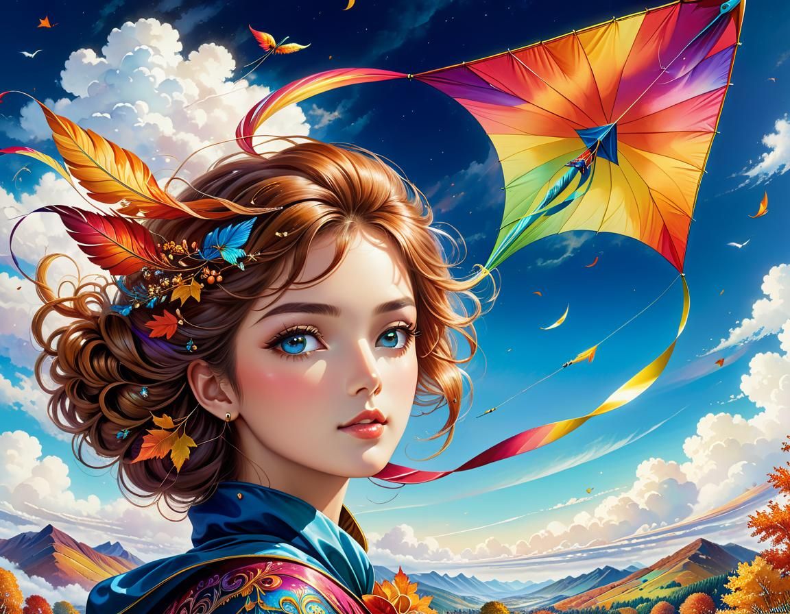 Whimsical Kite Soars in Autumn Landscape