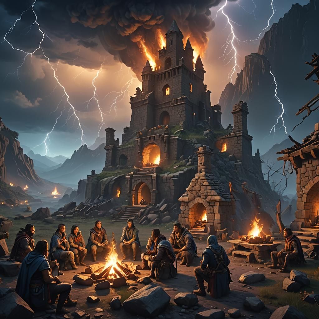 DnD Party Camps in Stormy Ruins at Night