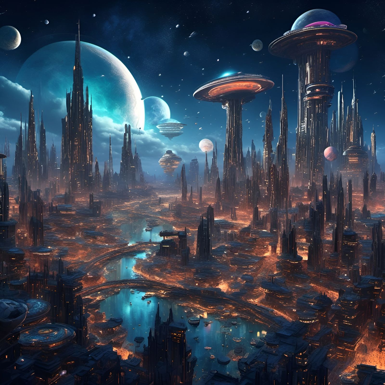 Futuristic Night Cityscape with Galaxy Above