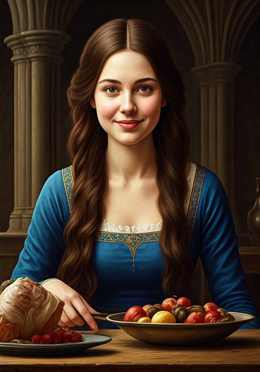 Medieval Woman Cooks Dinner in Palace Oil Painting