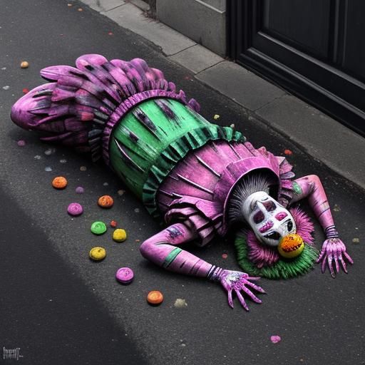 Surreal Gummy Worm Clown Feast in Triadic Colors