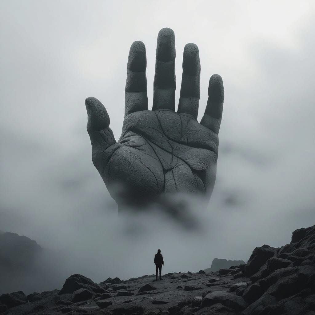 Gigantic Stone Hand Rises from Fog in Surreal B&W Scene