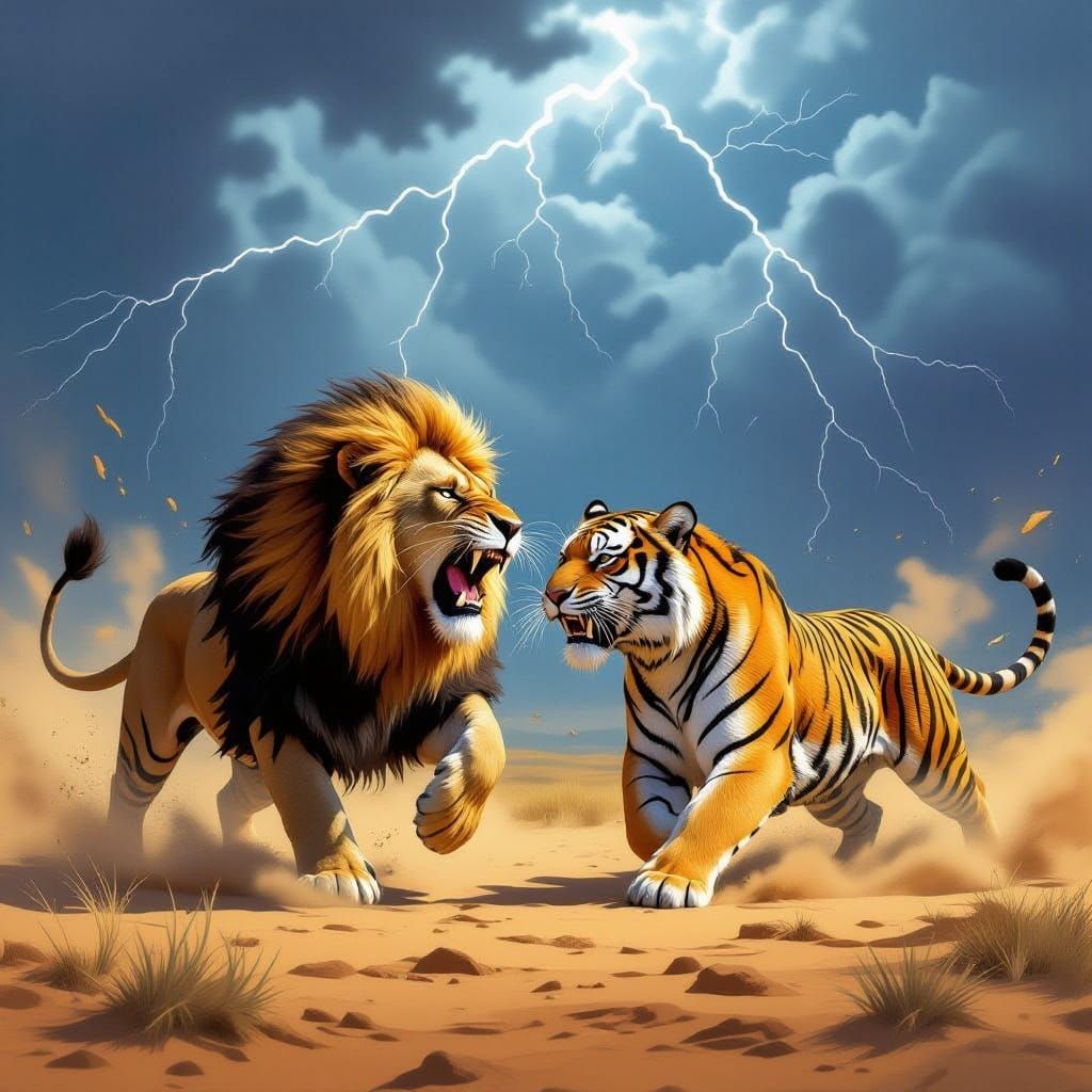 Lion and Tiger Battle on Stormy Savanna