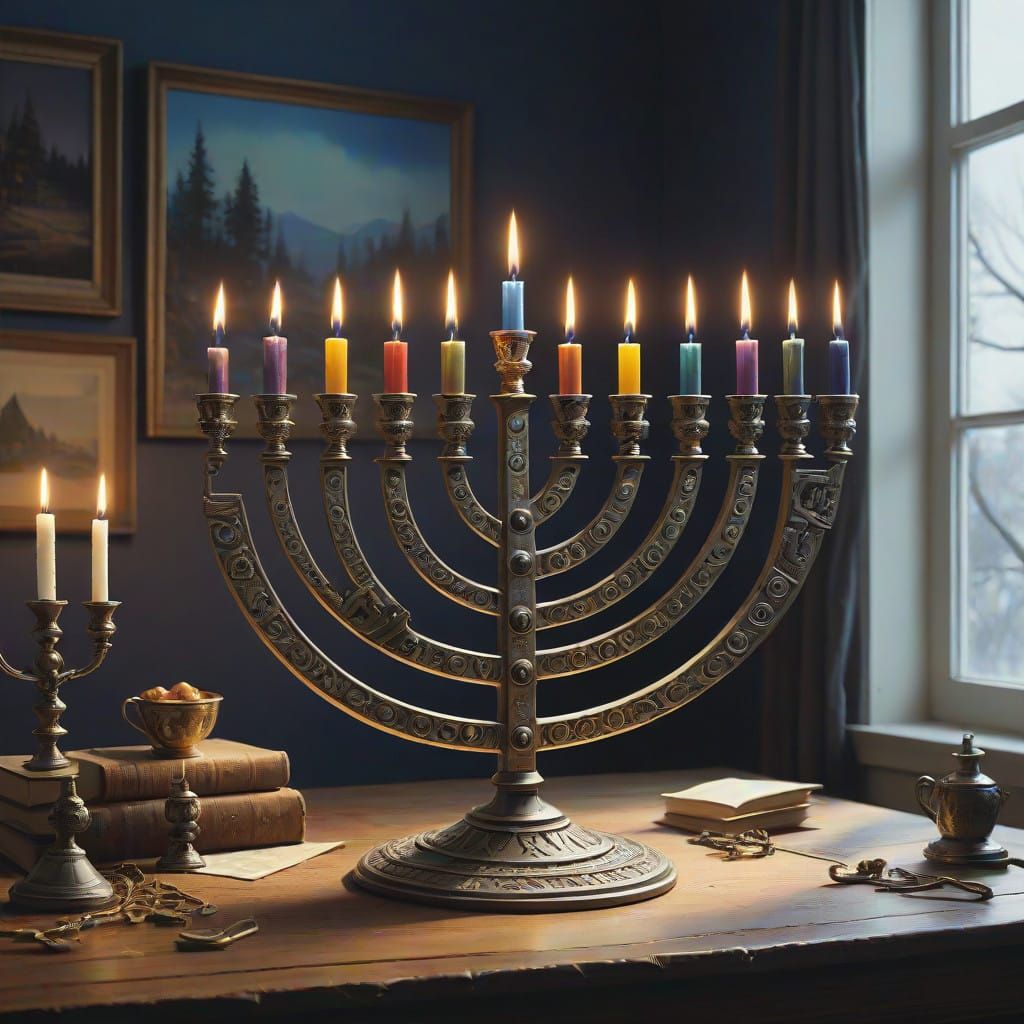 Vibrant 19th Century Menorah Scene in Hyperrealistic Style